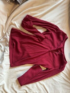 Ribbed Henley Long Sleeve Top - Deep Wine